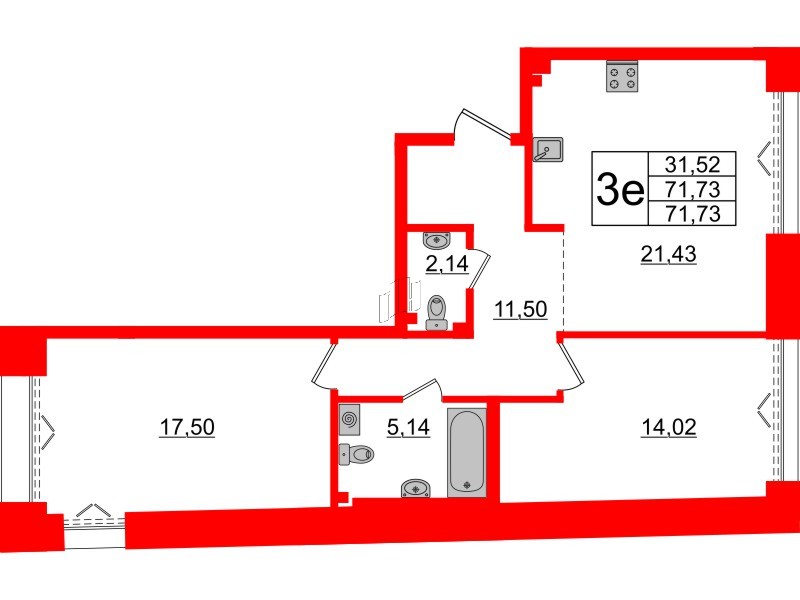 2-комнатная квартира  №364 в Imperial club: 71.73 м², этаж 3 - купить в Санкт-Петербурге