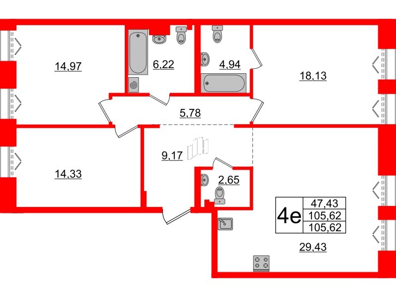 3-комнатная квартира  №672 в Imperial club: 105.62 м², этаж 2 - купить в Санкт-Петербурге