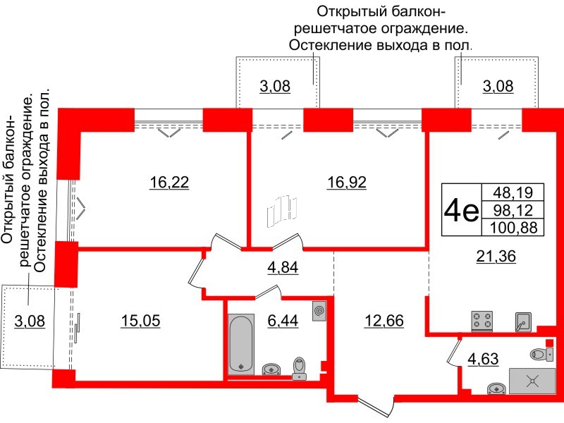 3-комнатная квартира  №407 в Imperial club: 98.12 м², этаж 3 - купить в Санкт-Петербурге