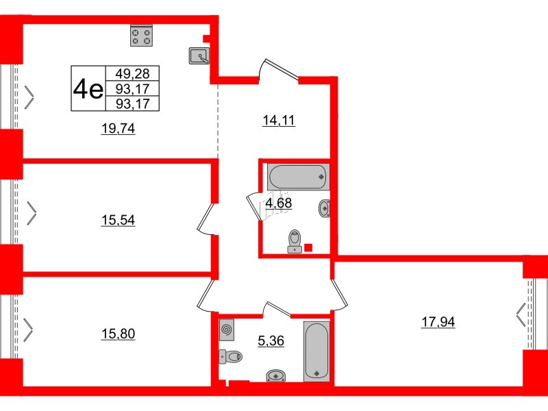 3-комнатная квартира  №220 в Imperial club: 93.17 м², этаж 2 - купить в Санкт-Петербурге