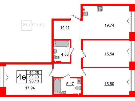 3-комнатная квартира  №150 в Imperial club: 93.13 м², этаж 2 - купить в Санкт-Петербурге