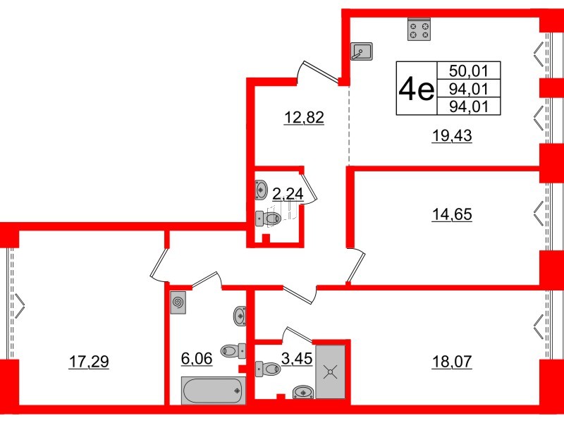 3-комнатная квартира  №376 в Imperial club: 94.01 м², этаж 2 - купить в Санкт-Петербурге