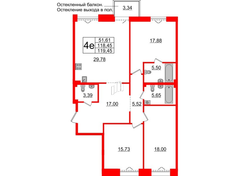 3-комнатная квартира  №411 в Imperial club: 118.45 м², этаж 4 - купить в Санкт-Петербурге