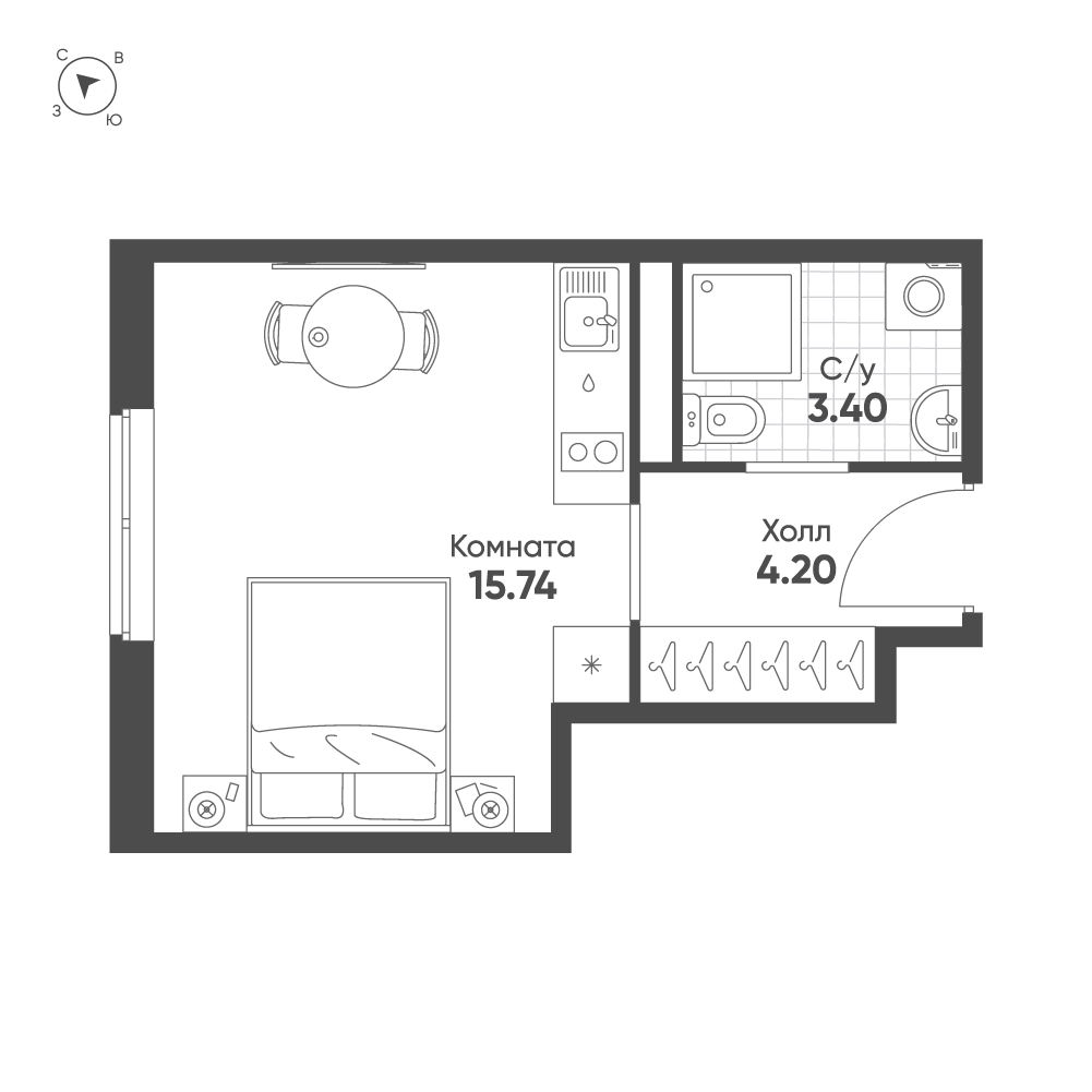 1-комнатная квартира  №110 в Avenue Apart Pulkovo: 23.34 м², этаж 8 - купить в Санкт-Петербурге