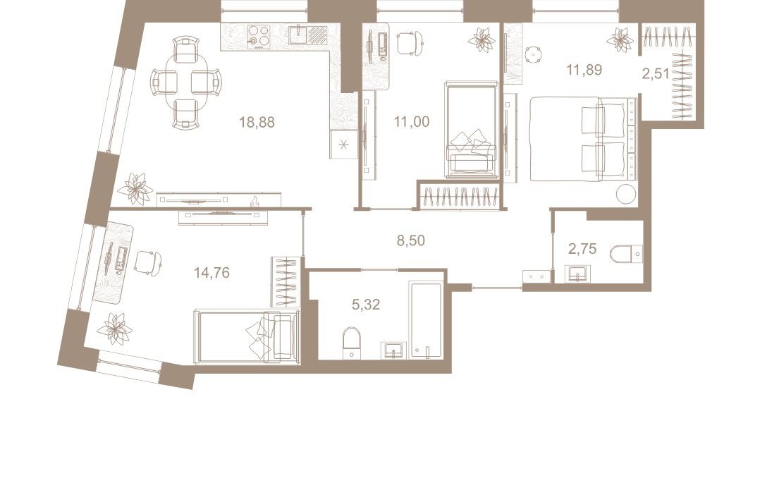 3-комнатная квартира  №361 в Северная корона Residence: 75.5 м², этаж 8 - купить в Санкт-Петербурге