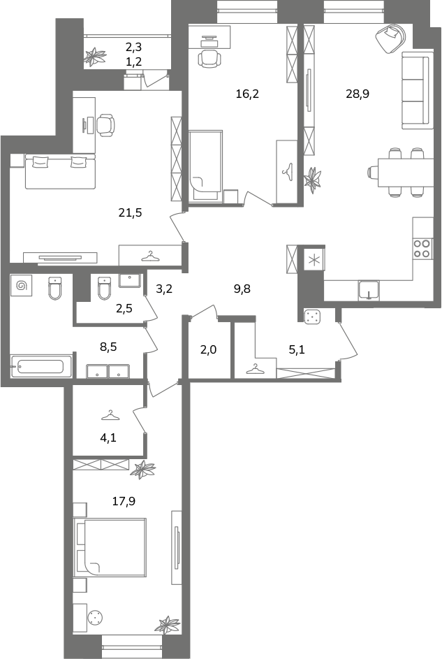 3-комнатная квартира  №2А8/3-9 в Антверпен: 120.9 м², этаж 8 - купить в Санкт-Петербурге