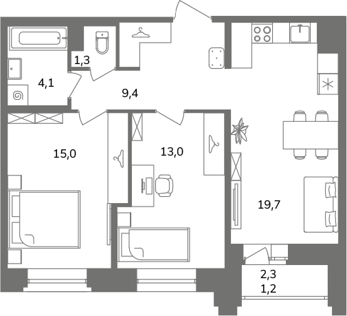 2-комнатная квартира  №2А7/2-5 в Антверпен: 63.7 м², этаж 7 - купить в Санкт-Петербурге