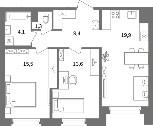 2-комнатная квартира  №2А2/2-4 в Антверпен: 63.8 м², этаж 2 - купить в Санкт-Петербурге
