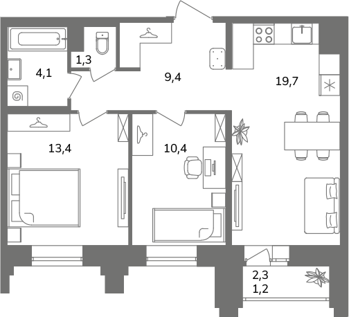 2-комнатная квартира  №2А13/2-6 в Антверпен: 59.5 м², этаж 13 - купить в Санкт-Петербурге