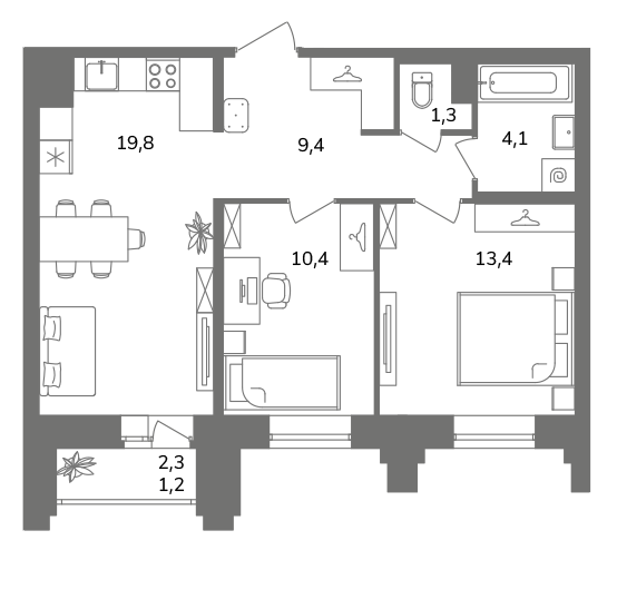 2-комнатная квартира  №1А11/2-3 в Антверпен: 59.6 м², этаж 11 - купить в Санкт-Петербурге