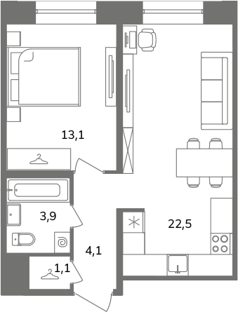 1-комнатная квартира  №Б4/1-5 в Антверпен: 44.7 м², этаж 4 - купить в Санкт-Петербурге