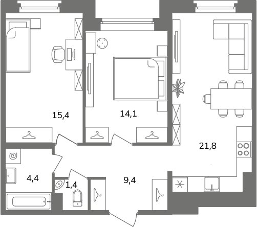 2-комнатная квартира  №Б2/2-2 в Антверпен: 66.5 м², этаж 2 - купить в Санкт-Петербурге