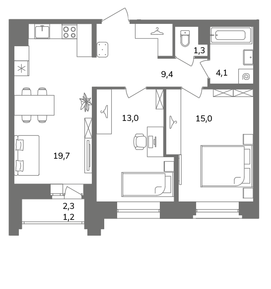 2-комнатная квартира  №1А7/2-2 в Антверпен: 63.7 м², этаж 7 - купить в Санкт-Петербурге