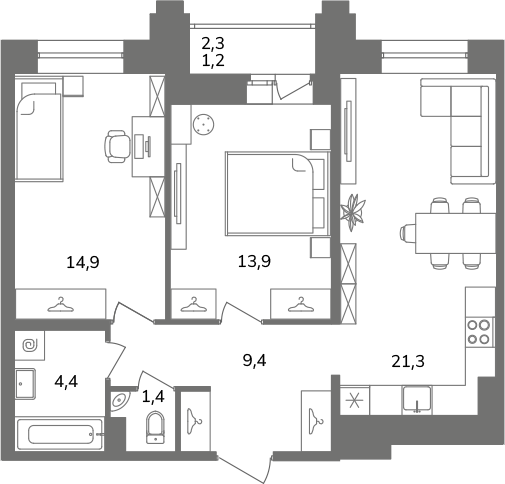 2-комнатная квартира  №Б3/2-7 в Антверпен: 66.5 м², этаж 3 - купить в Санкт-Петербурге