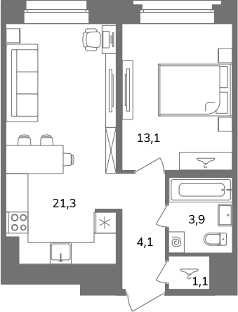 1-комнатная квартира  №Б7/1-7 в Антверпен: 43.5 м², этаж 7 - купить в Санкт-Петербурге