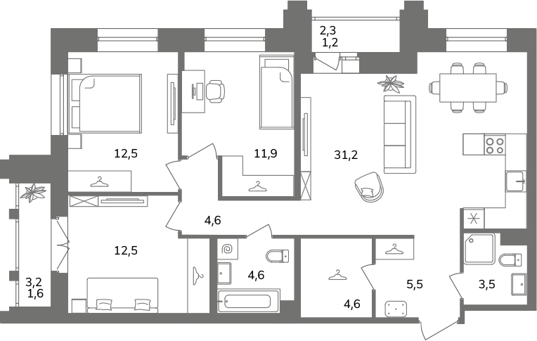 3-комнатная квартира  №Б3/3-2 в Антверпен: 93.7 м², этаж 3 - купить в Санкт-Петербурге