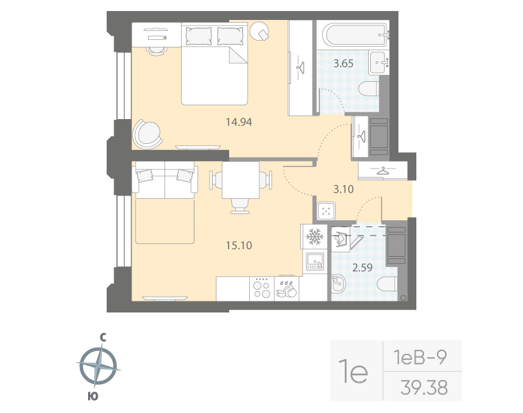 1-комнатная квартира, 39.38 м²; этаж: 4 - купить в Санкт-Петербурге