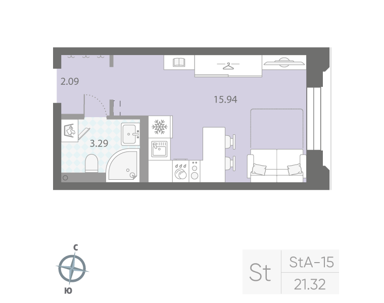 1-комнатная квартира №42Р в: «Цивилизация на Неве»: 21.32 м²; этаж: 2 - купить в Санкт-Петербурге