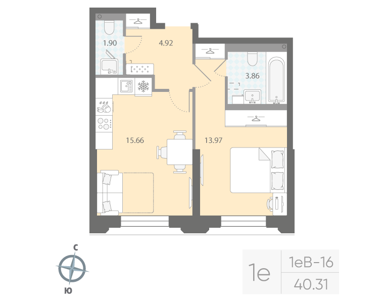 1-комнатная квартира  №536 в Цивилизация на Неве: 40.31 м², этаж 2 - купить в Санкт-Петербурге