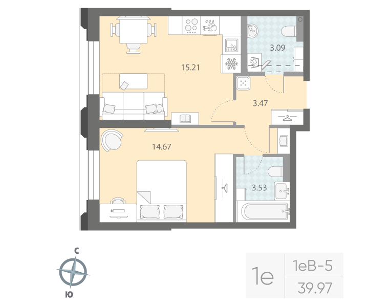 1-комнатная квартира  №6 в Цивилизация на Неве: 39.97 м², этаж 2 - купить в Санкт-Петербурге