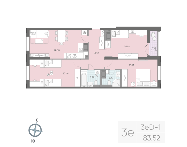 3-комнатная квартира №42Р в: ЦИВИЛИЗАЦИЯ НА НЕВЕ: 83.52 м²; этаж: 12 - купить в Санкт-Петербурге