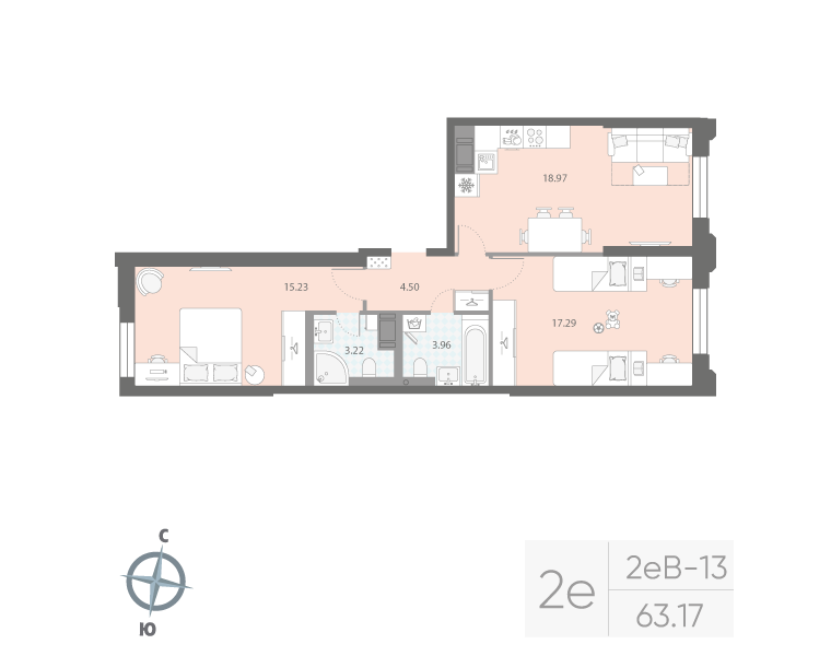2-комнатная квартира  №663 в Цивилизация на Неве: 63.17 м², этаж 5 - купить в Санкт-Петербурге