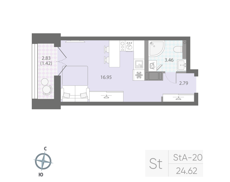 1-комнатная квартира, 24.62 м²; этаж: 8 - купить в Санкт-Петербурге