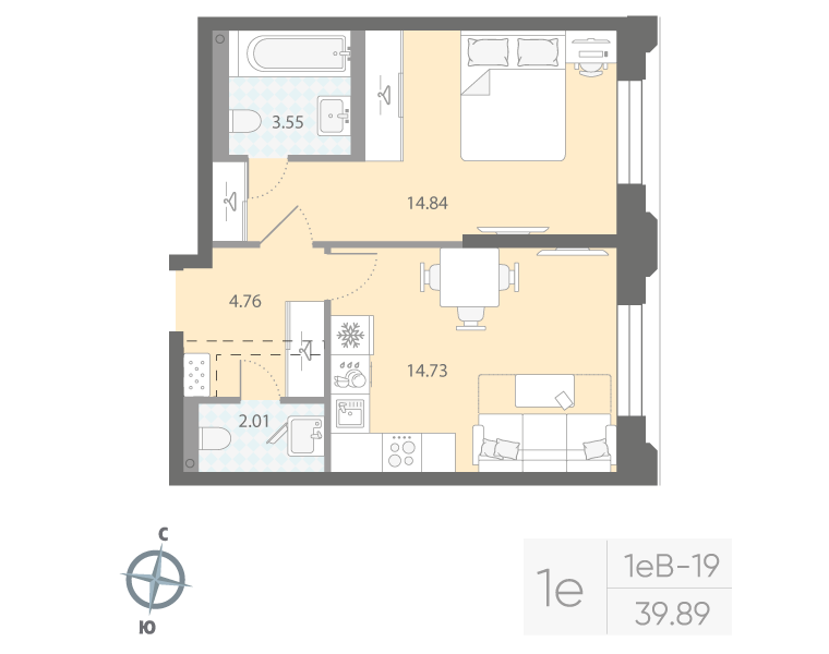 1-комнатная квартира  №706 в Цивилизация на Неве: 39.89 м², этаж 2 - купить в Санкт-Петербурге