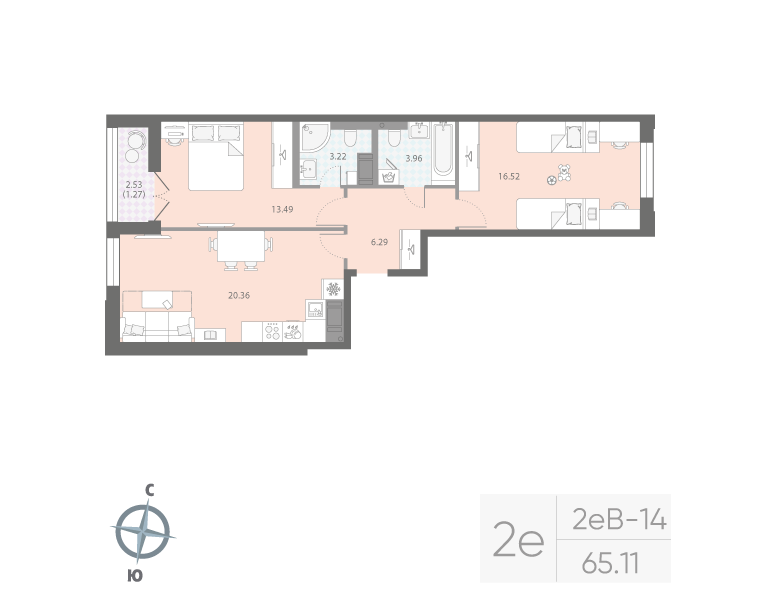 2-комнатная квартира, 65.11 м²; этаж: 6 - купить в Санкт-Петербурге
