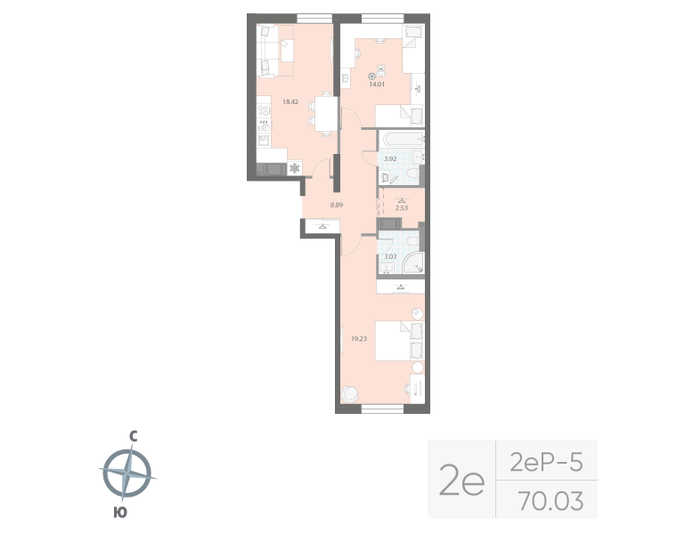 2-комнатная квартира  №482 в Цивилизация на Неве: 70.03 м², этаж 5 - купить в Санкт-Петербурге