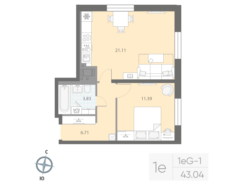 1-комнатная квартира  №814 в Цивилизация на Неве: 43.04 м², этаж 5 - купить в Санкт-Петербурге