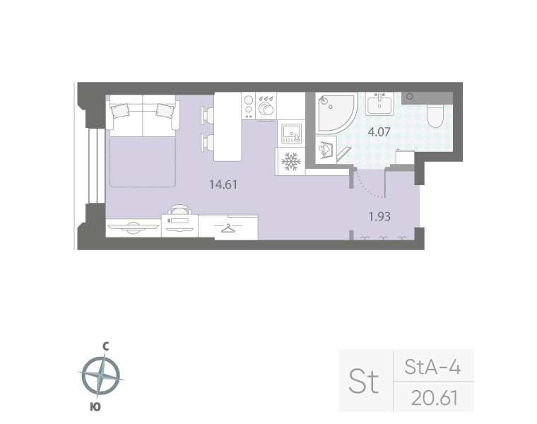 1-комнатная квартира №42Р в: «Цивилизация на Неве»: 20.61 м²; этаж: 2 - купить в Санкт-Петербурге