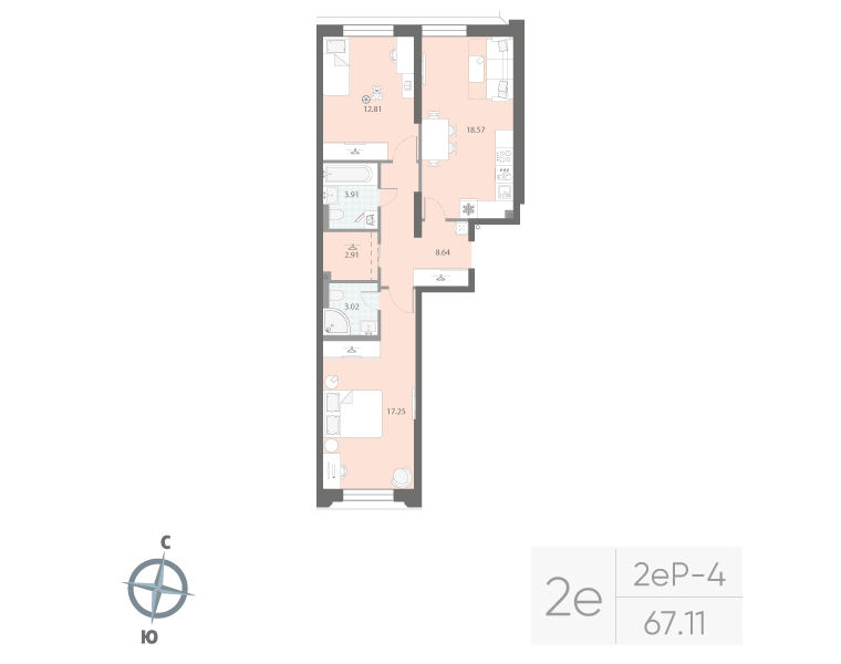 2-комнатная квартира, 67.28 м²; этаж: 2 - купить в Санкт-Петербурге