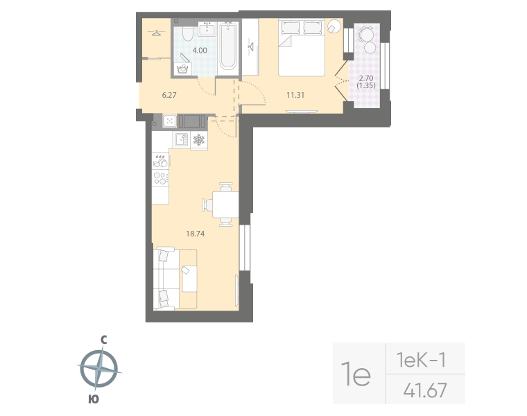 1-комнатная квартира, 41.67 м²; этаж: 6 - купить в Санкт-Петербурге