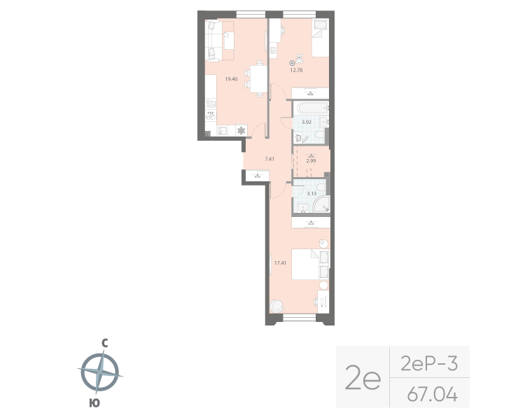 2-комнатная квартира, 67.04 м²; этаж: 3 - купить в Санкт-Петербурге