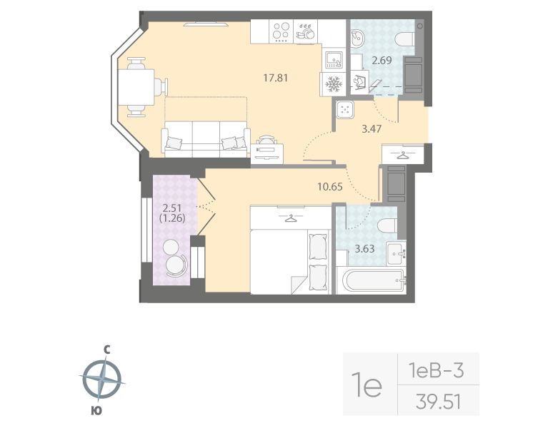 1-комнатная квартира  №87 в Цивилизация на Неве: 39.51 м², этаж 12 - купить в Санкт-Петербурге