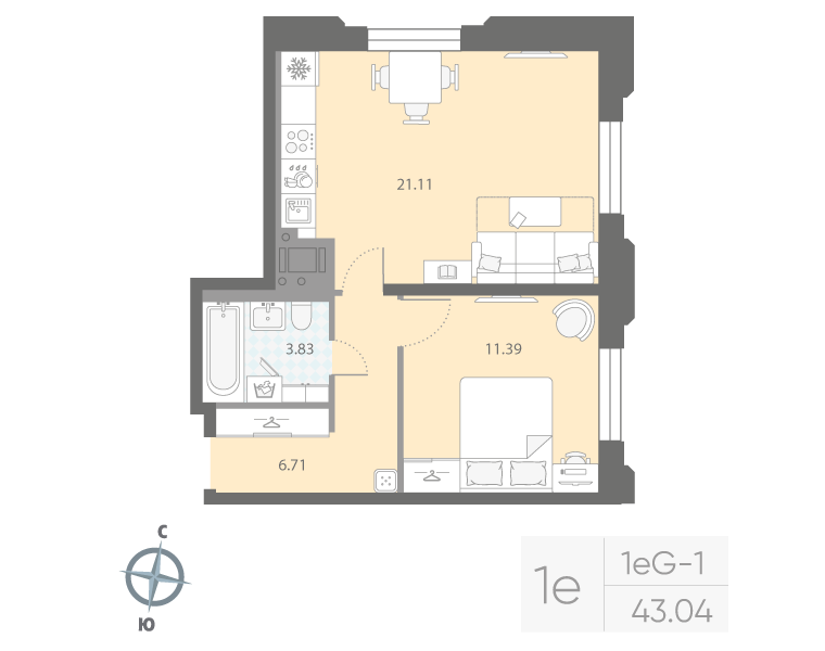 1-комнатная квартира, 43.04 м²; этаж: 3 - купить в Санкт-Петербурге