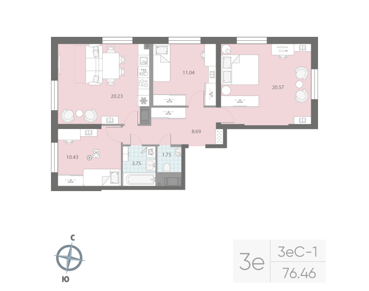 3-комнатная квартира  №29 в Цивилизация на Неве: 76.46 м², этаж 5 - купить в Санкт-Петербурге