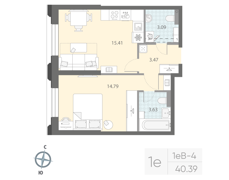 1-комнатная квартира  №5 в Цивилизация на Неве: 40.39 м², этаж 2 - купить в Санкт-Петербурге
