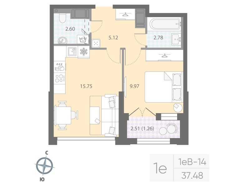 1-комнатная квартира, 37.48 м²; этаж: 15 - купить в Санкт-Петербурге