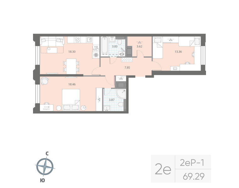 2-комнатная квартира, 69.29 м²; этаж: 3 - купить в Санкт-Петербурге