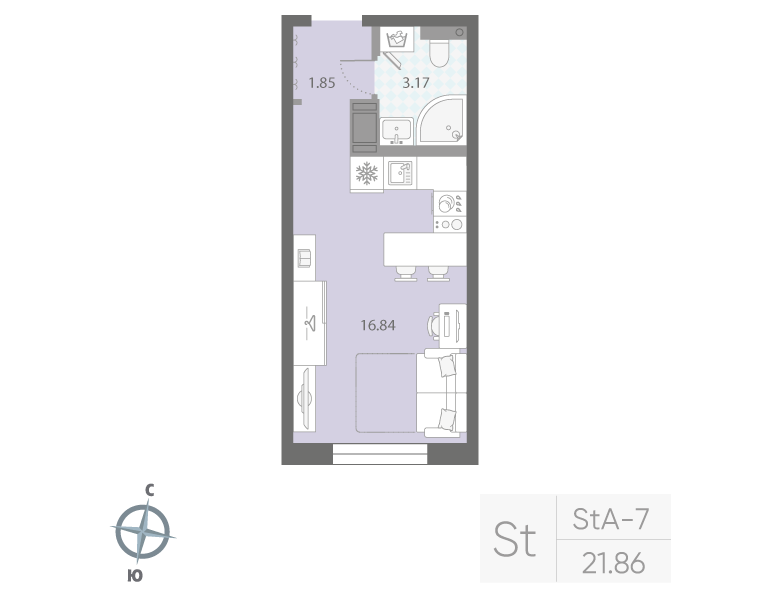 1-комнатная квартира  №311 в Цивилизация на Неве: 21.86 м², этаж 5 - купить в Санкт-Петербурге