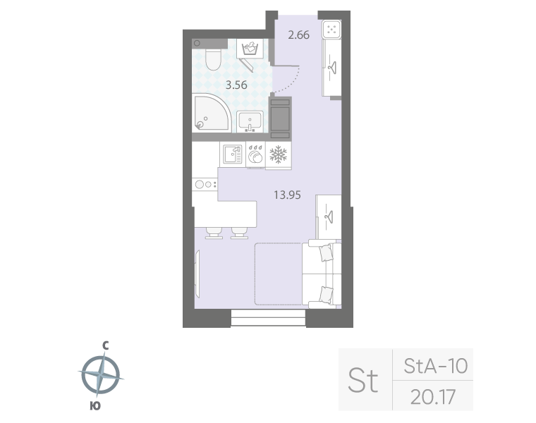 1-комнатная квартира №42Р в: «Цивилизация на Неве»: 20.17 м²; этаж: 5 - купить в Санкт-Петербурге