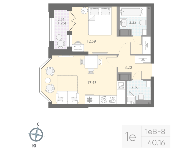 1-комнатная квартира, 40.16 м²; этаж: 8 - купить в Санкт-Петербурге