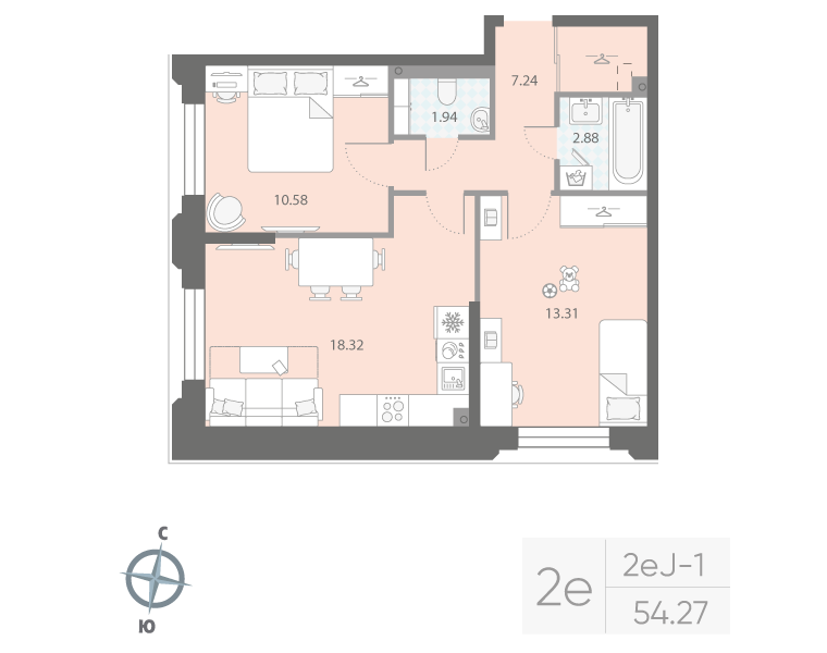 2-комнатная квартира  №285 в Цивилизация на Неве: 54.27 м², этаж 2 - купить в Санкт-Петербурге