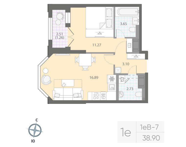 1-комнатная квартира, 38.9 м²; этаж: 12 - купить в Санкт-Петербурге