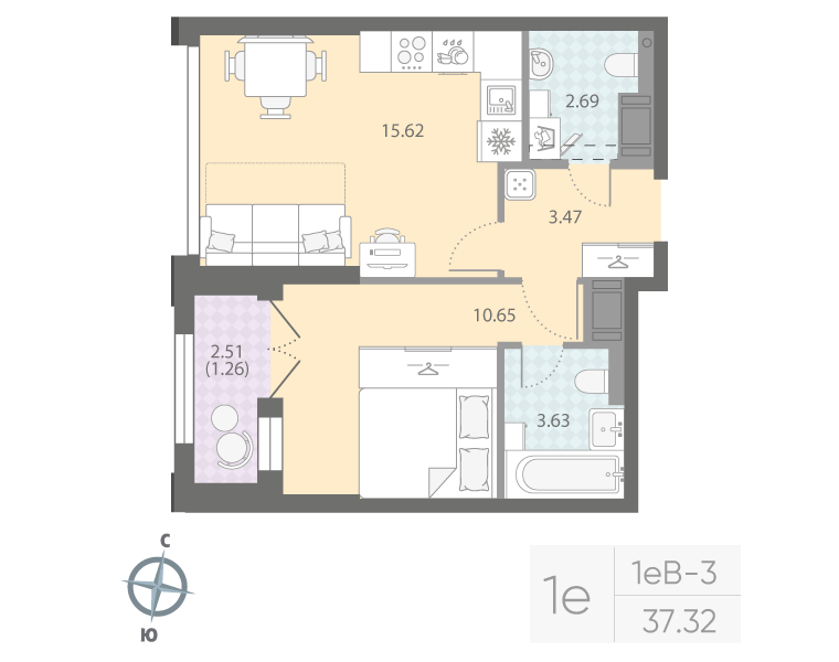 1-комнатная квартира  №111 в Цивилизация на Неве: 37.32 м², этаж 15 - купить в Санкт-Петербурге