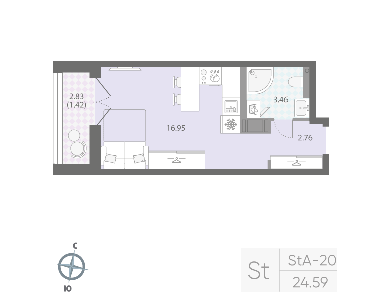 1-комнатная квартира, 24.59 м²; этаж: 16 - купить в Санкт-Петербурге