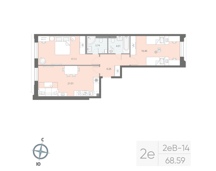 2-комнатная квартира  №686 в Цивилизация на Неве: 65.17 м², этаж 12 - купить в Санкт-Петербурге