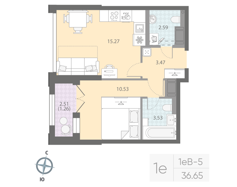 1-комнатная квартира, 36.65 м²; этаж: 15 - купить в Санкт-Петербурге